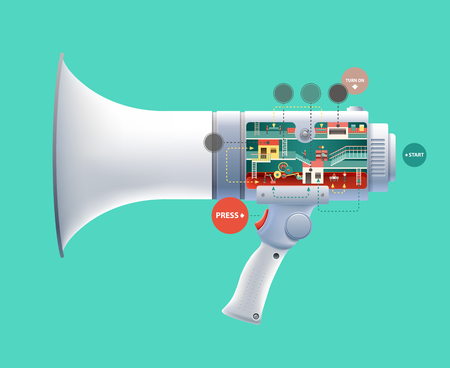 Flat 3d web isometric infographic social media promotion online marketing modern technology communication concept. Huge loudspeaker micro people work created Spread the word Creative people collectionのイラスト素材