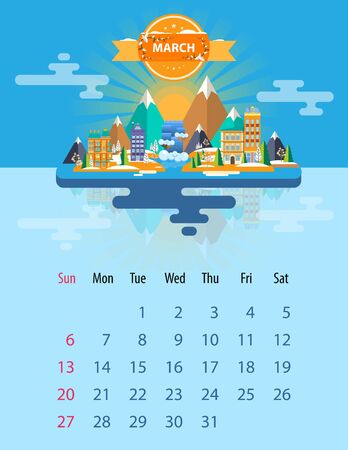 Calendar for 2016 in letter format. Style slim design. Set 5. Landscape of a small town on the background of nature mountains, buildings, trees, sky and clouds, water. Illustration. Image. Vector.のイラスト素材