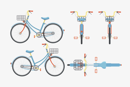 Set vector illustration isolated eco-friendly bike front, side, back view flat style gray background Element for site, infographic, video, animation, website, e-mail, newsletter, reports, comic, iconのイラスト素材