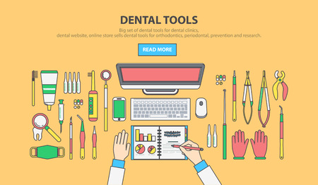 Stock vector illustration set of dental office with dental equipment in  linear flat style element for infographic, website, icon, games, motion design, videoのイラスト素材