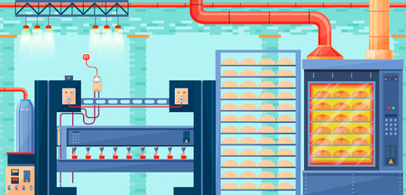 Stock vector illustration interior of plant, factory, bakery and baking for production of bakery products in flat style element for info graphic, websiteのイラスト素材