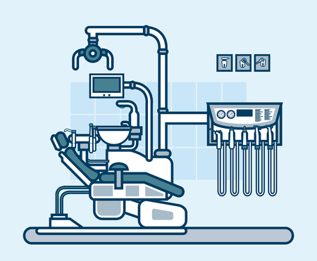 Stock vector illustration interior of dental office with dental chair in line style element for info graphic, website, iconのイラスト素材
