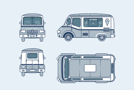 Set stock vector illustration isolated Ice cream car, Ice cream on wheels top, front, side, back view line style blue background Element info graphic, website, iconのイラスト素材