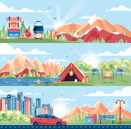 Stock vector illustration set of day landscape, dawn, travel, hiking, nature, campfire, big tourist backpack, camping, city sunny day, bench, tour in flat styleのイラスト素材