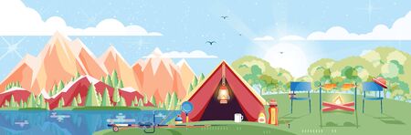 Stock vector illustration of day landscape, mountains, dawn, travel, hiking, nature, tent, campfire, camping in flat style element for info graphic, games, motion designのイラスト素材