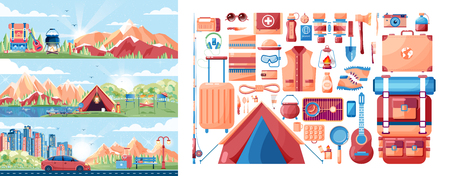 Stock vector illustration set of day landscape, mountains, sunrise, hiking, nature, campfire, big tourist backpack, camping, car, city daylife, tour in flat styleのイラスト素材
