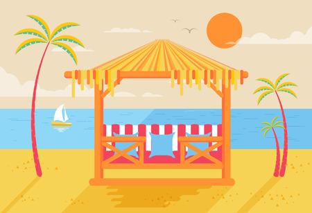 Stock vector illustration of happy sunny summer day at beach with bungalows for recreation on island with bright sun, palm trees in flat style element for info graphic, website, games, motion designのイラスト素材