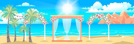 Stock vector illustration of happy sunny summer day at the beach with wedding entourage on the island with bright sun, palm trees in flat style element for info graphic, website, motion designのイラスト素材