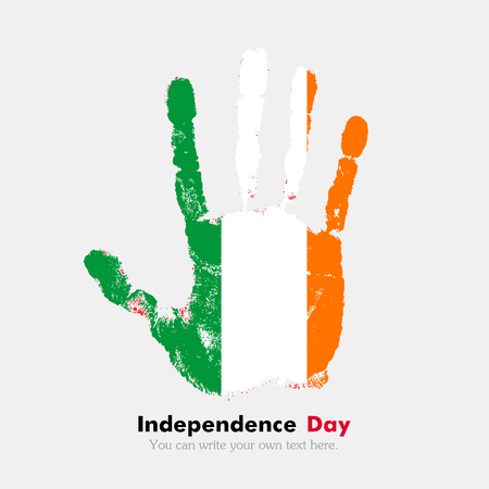 Hand print, which bears the Flag of Ireland. Independence Day. Grunge style. Grungy hand print with the flag. Hand print and five fingers. Used as an icon, card, greeting, printed materials.のイラスト素材