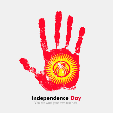 Hand print, which bears the Flag of Kyrgyzstan. Independence Day. Grunge style. Grungy hand print with the flag. Hand print and five fingers. Used as an icon, card, greeting, printed materials.のイラスト素材