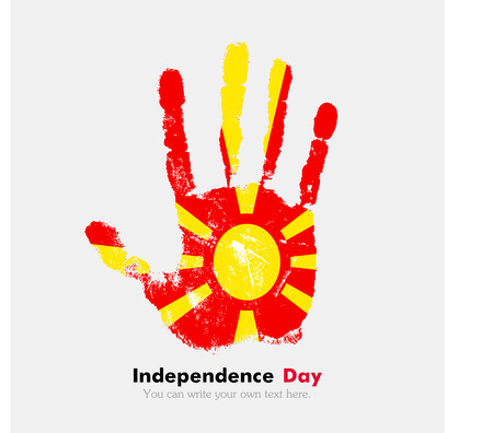 Hand print, which bears the Flag of Macedonia. Independence Day. Grunge style. Grungy hand print with the flag. Hand print and five fingers. Used as an icon, card, greeting, printed materials.のイラスト素材