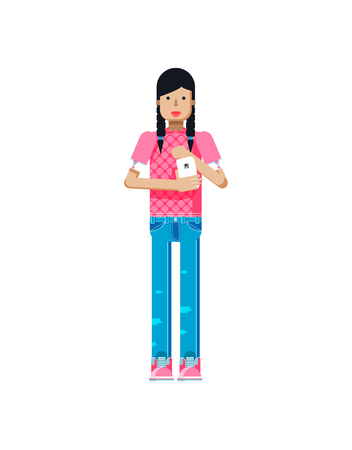 Stock vector illustration isolated of European girl in pink blouse, blue jeans, dark long hair, pigtails, woman with smartphone in hand in flat style on white backgroundのイラスト素材