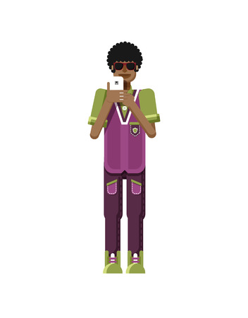 Stock vector illustration isolated of African American man dark hair, with smartphone in hand, man looking into screen of phone, sportsman, athletic T-shirt, sweatpants, flat style on white backgroundのイラスト素材