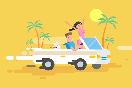 Stock vector illustration happy guy drives white convertible, man and joyful brunette woman with their dog rush by car among palm trees on yellow background, cheerful couple on vacation in flat styleのイラスト素材
