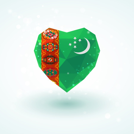 Flag of Turkmenistan in shape of diamond glass heart in triangulation style for info graphics, greeting card, celebration of Independence Day, printed materialsのイラスト素材