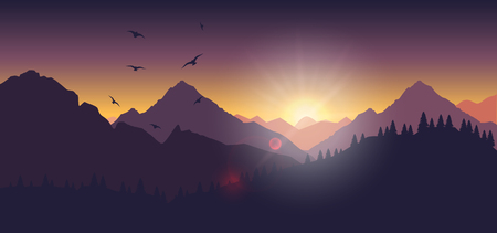 Stock vector illustration of a mountain landscape at sunset and at dawnのイラスト素材