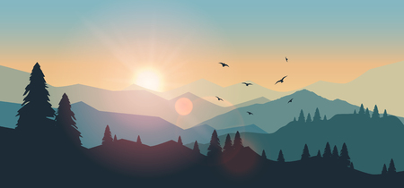 Stock vector illustration of a mountain landscape at sunset and at dawnのイラスト素材