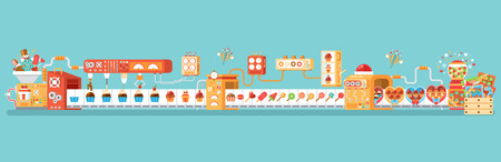 Stock vector horizontal illustration isolated conveyor for production and packaging candies, lollipops and sweets, in flat style on blue background for banner, website, printed material, infographicのイラスト素材
