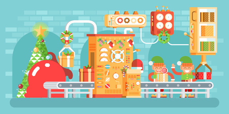 Stock vector illustration of isolated Christmas conveyor with elves pack gifts near the spruce tree festively dressed up, flat style on white background for Happy New Year info graphics 2017のイラスト素材