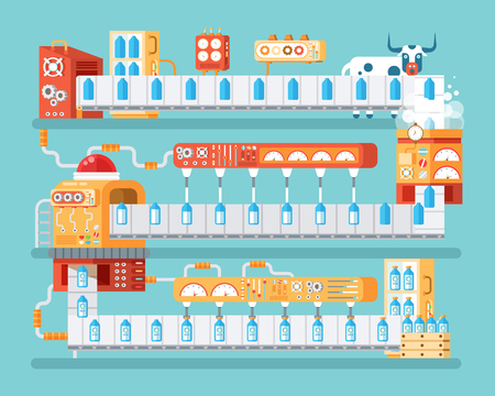Stock vector vertical illustration of isolated milk conveyor with packaging and bottling of milk in flat style on blue background for banners, websites, printed materials, infographicsのイラスト素材