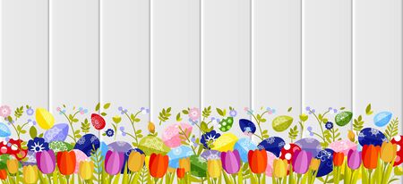 Stock vector illustration Happy Easter background colored eggs, spring decoration, leave, tulip flower design element in flat style for printed material, postcard, greeting, festive card banner, flyerのイラスト素材