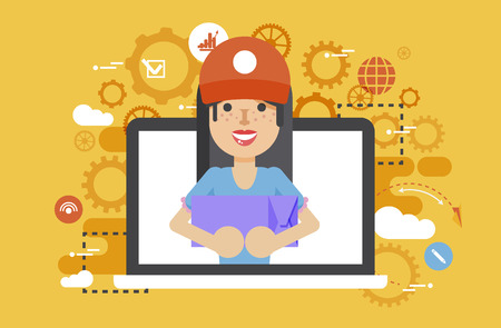 Vector illustration peddler parcels carrier woman packaging box in hand design, element for delivery service business, discount, online order, booking, management flat styleのイラスト素材