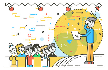 Vector orator spokesman spokesperson speaker fear of public speaking businessman rhetor politician speech stage audience business presentation political line art style on white backgroundのイラスト素材