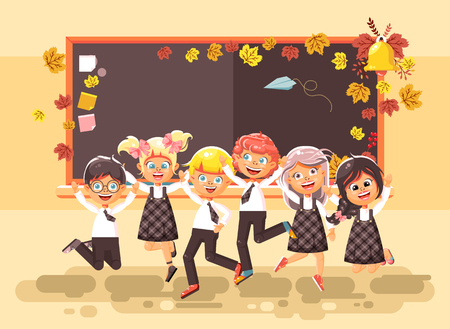 Vector illustration back to school cartoon characters schoolboys schoolgirls pupils apprentices happy classmates jumping in classroom at autumn blackboard September background flat styleのイラスト素材