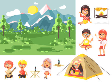 Stock vector illustration isolated cartoon characters children boy sings playing guitar, girl scouts siting in tent waving hand nature park outdoor bonfire, fried chicken, white background flat styleのイラスト素材