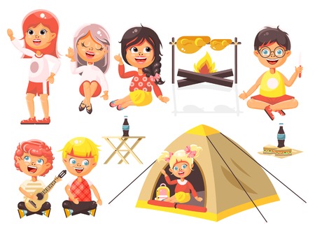 Stock vector illustration isolated cartoon characters children boy sings playing guitar, girl scouts in tent waving hand sits with fork and knife near fire, fried chicken, white background flat styleのイラスト素材