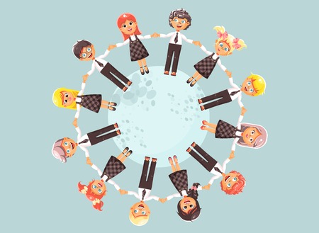 Vector illustration cartoon characters children holding hands and standing in circle, drive roundelays, lead dances in flat style on blue backgroundのイラスト素材