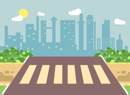 Vector illustration of roadside cartoon landscape with roadway, road, sidewalk and empty pedestrian zone crossing in flat style on city background element for motion design, banner, web siteのイラスト素材