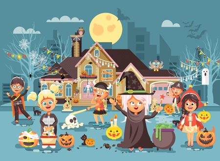 Vector illustration cartoon characters children Trick-or-Treat, boy, girl costumes, fancy dresses celebrate holiday party Happy Halloween, decorated pumpkins, skeletons, volatile mice flat styleのイラスト素材