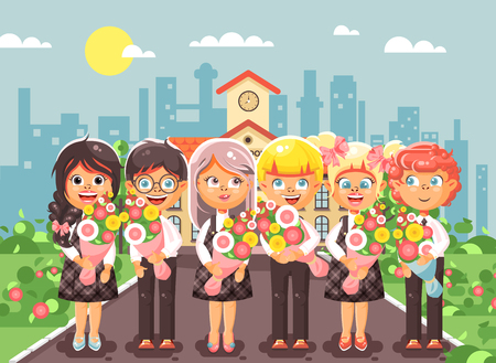Vector illustration of schoolchildren cartoon characters standing with bouquets flowers in front of building, knowledge day start study back to school flat styleのイラスト素材