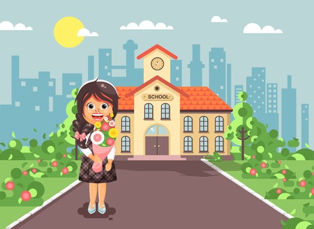 Vector illustration cartoon character of a lonely brunette schoolgirl standing with bouquet flowers in front of building knowledge day start study back to school flat styleのイラスト素材