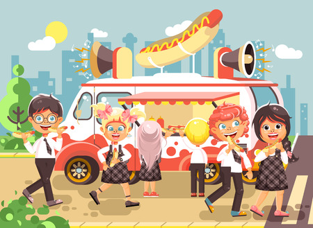 Vector illustration cartoon characters, schoolboys and schoolgirls buy fast food, sandwiches, hot dogs, sausage from car, meals on wheels, street food, school snack flat styleのイラスト素材