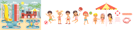Boys and girls enjoying the beach illustration.のイラスト素材