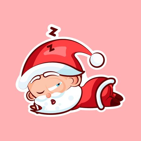 Sticker emoji emoticon, emotion sleeping on stomach, sweet cute Santa Claus on pink backgroundのイラスト素材