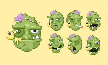 Set vector kit collection terrible facial expression of zombie emotions, emoji, sticker for Happy Halloweenのイラスト素材