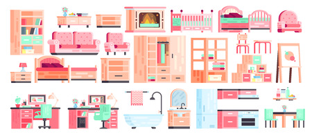 Big set kit collection vector isolated icons of furniture for bathroom interior, kitchen, office, bedroom, gaming, fireplace with sofa and armchairのイラスト素材