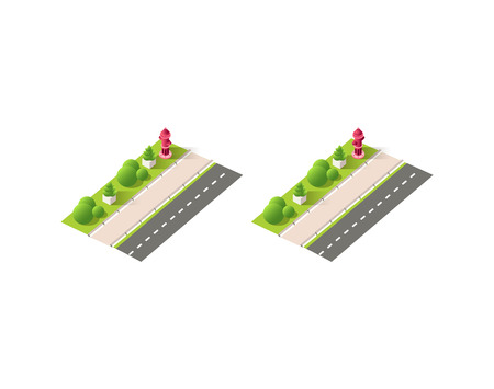Set kit collection vector illustration of isolated isometric right left view red fire hydrant on green side sidewalk along road, design city urban infrastructure element on white backgroundのイラスト素材
