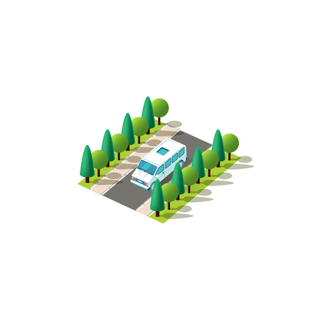 Stock vector isolated isometric front left view light blue minibus small bus car rides traveling along road, city urban infrastructure element logistics, transportation, travel, trip white backgroundのイラスト素材