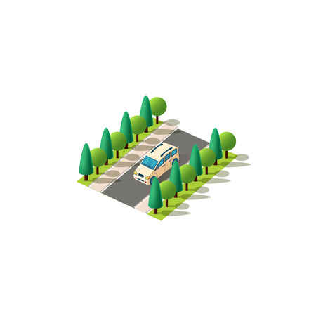 Vector isolated isometric front left view small van minivan car carriage of goods, transportation passengers vehicle travel, city urban infrastructure element logistics, travel trip white backgroundのイラスト素材