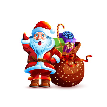 Vector illustration isolated character santa claus bag gift present surprise attention exclamation forefinger up sticker emoji congratulation happy new year merry christmas mascot white backgroundのイラスト素材