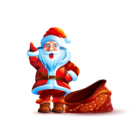 Vector illustration isolated character santa claus empty bag without gift present surprise attention exclamation forefinger up sticker emoji happy new year merry christmas mascot white background.のイラスト素材