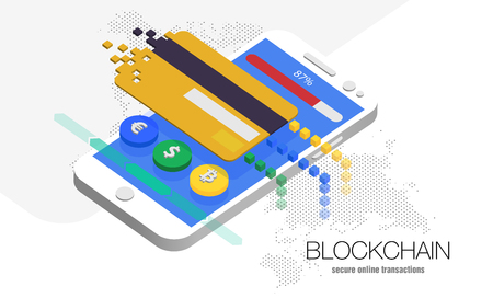 Stock vector illustration blockchain cryptocurrency currency exchange dollar euro Bitcoin money business finance smartphone credit card infographics phone pay purchase online isometry white backgroundのイラスト素材