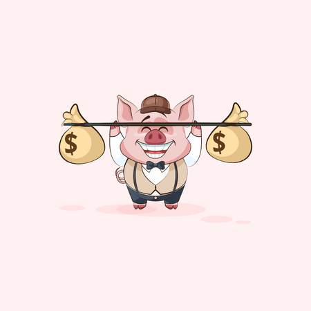 Vector Stock Illustration isolated Emoji character cartoon happy wealth riches pig sticker emoticon raises barbell with bags of money profit dollar earning income salary video infographic motion design.のイラスト素材