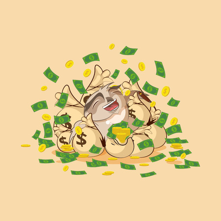 Vector Stock Illustration isolated Emoji character cartoon wealth riches owl sticker emoticon lies happy on bags of money celebrates profits dollars earnings income salary for site infographic video.のイラスト素材