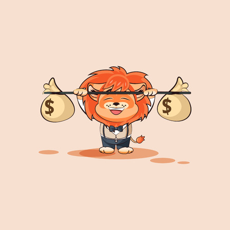 Vector Stock Illustration isolated Emoji character cartoon happy wealth riches lion sticker emoticon raises barbell with bags money profit dollar earning income salary video infographic motion design.のイラスト素材