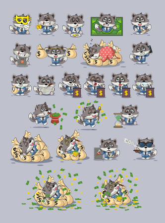 Set kit collection Vector Illustrations isolated money economy cryptocurrency Bitcoin earnings income benefit profit Emoji character cartoon wolf cub predator pup in business suit stickers emoticons.のイラスト素材